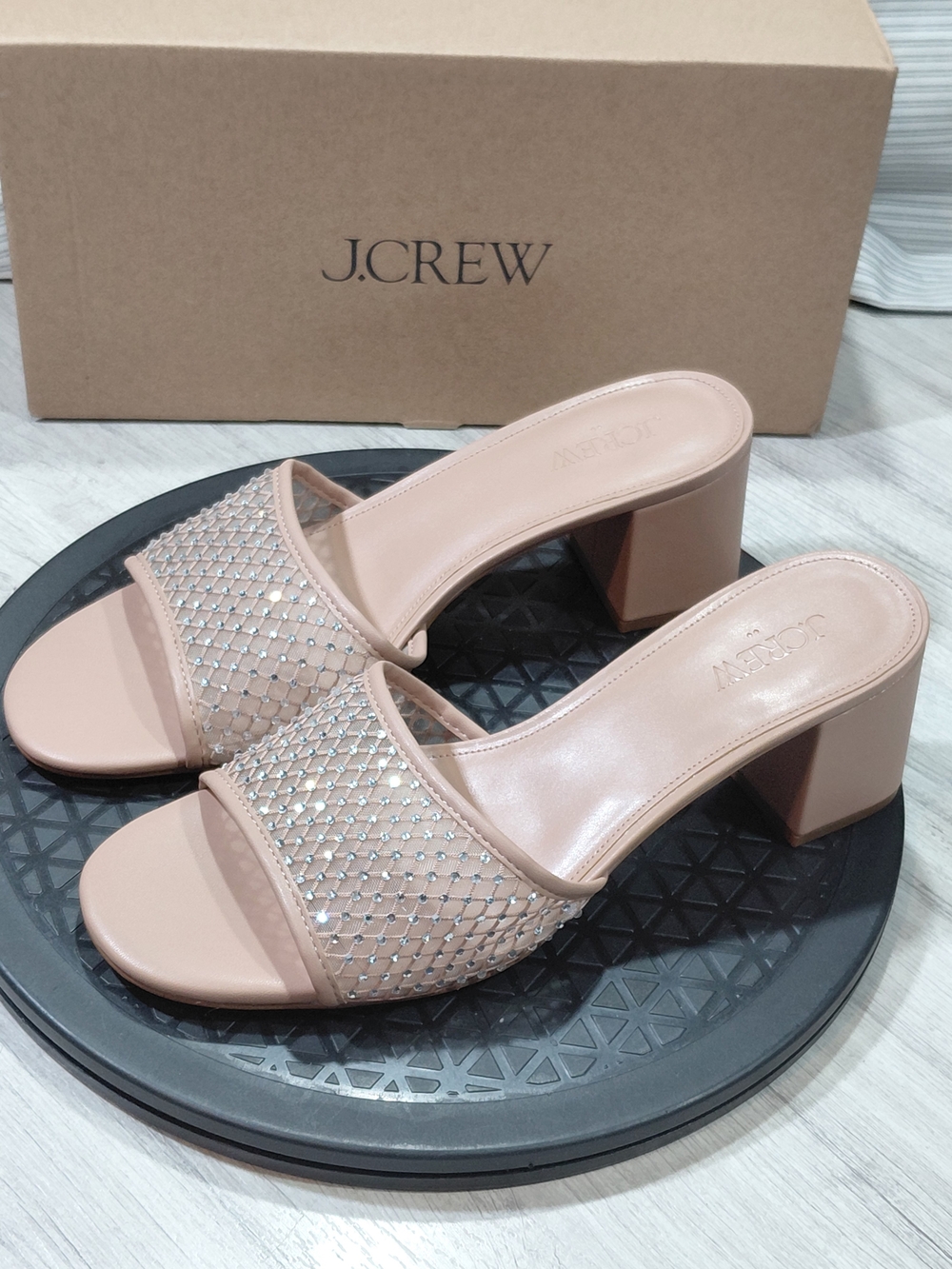 New J.Crew Blush Pink Nude Rhinestone Embellished Mesh Mule Slide Sandal Size 7
